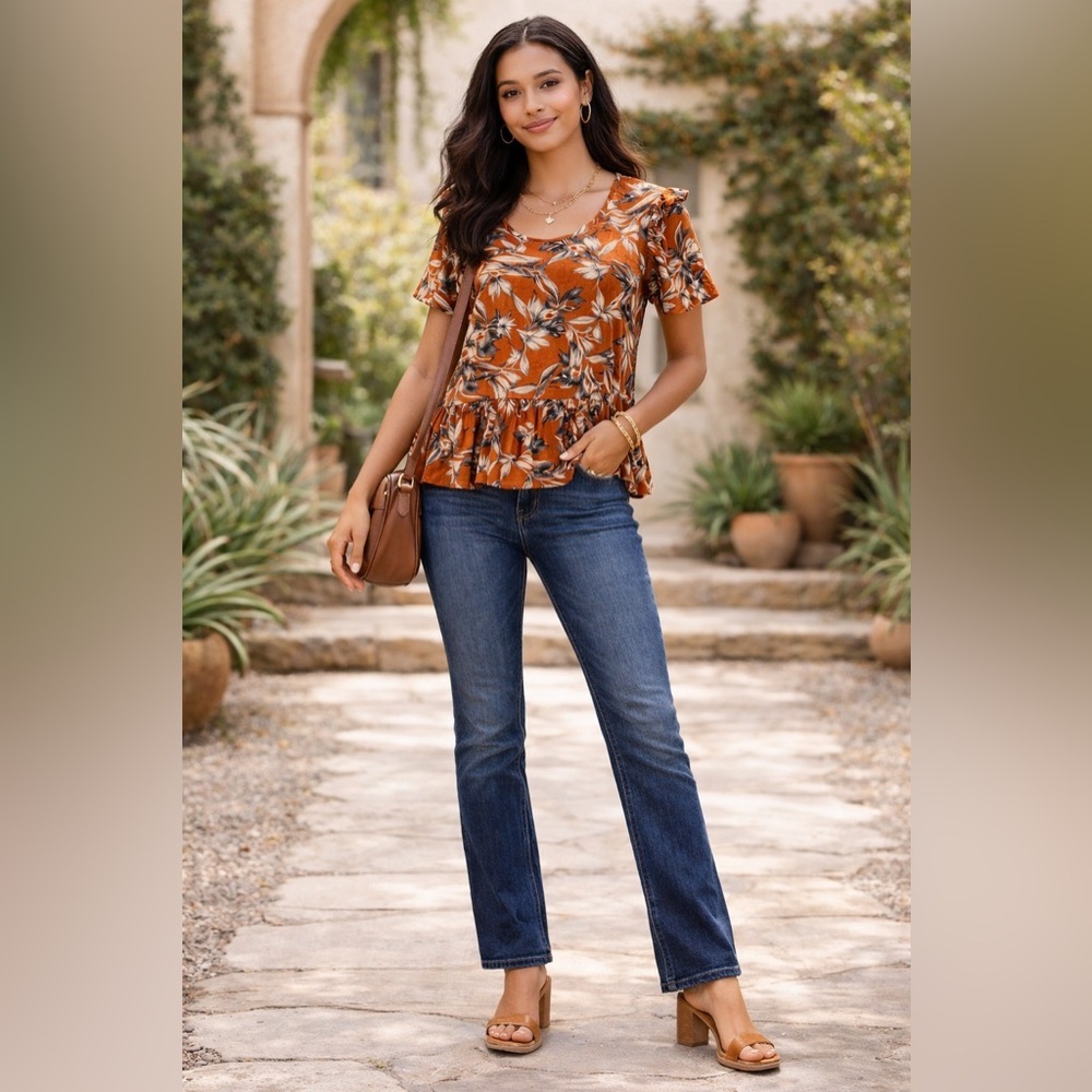 Floral Ruffle Sleeve Top in Rust by LUCCA Medium